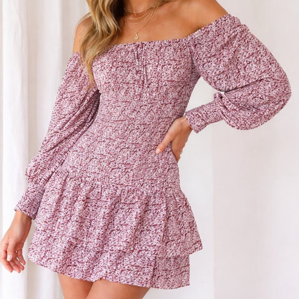 Princess Polly Red Floral Smocked Mini Dress Off Shoulder Long Sleeve Size‎ 0